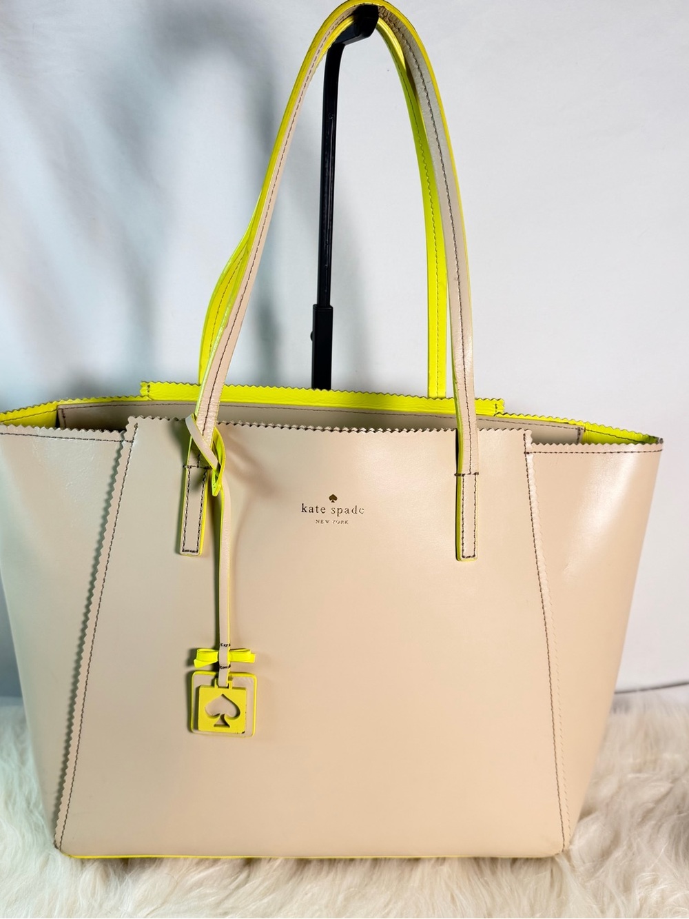 kate spade Beige Tote with Neon Yellow Trim
